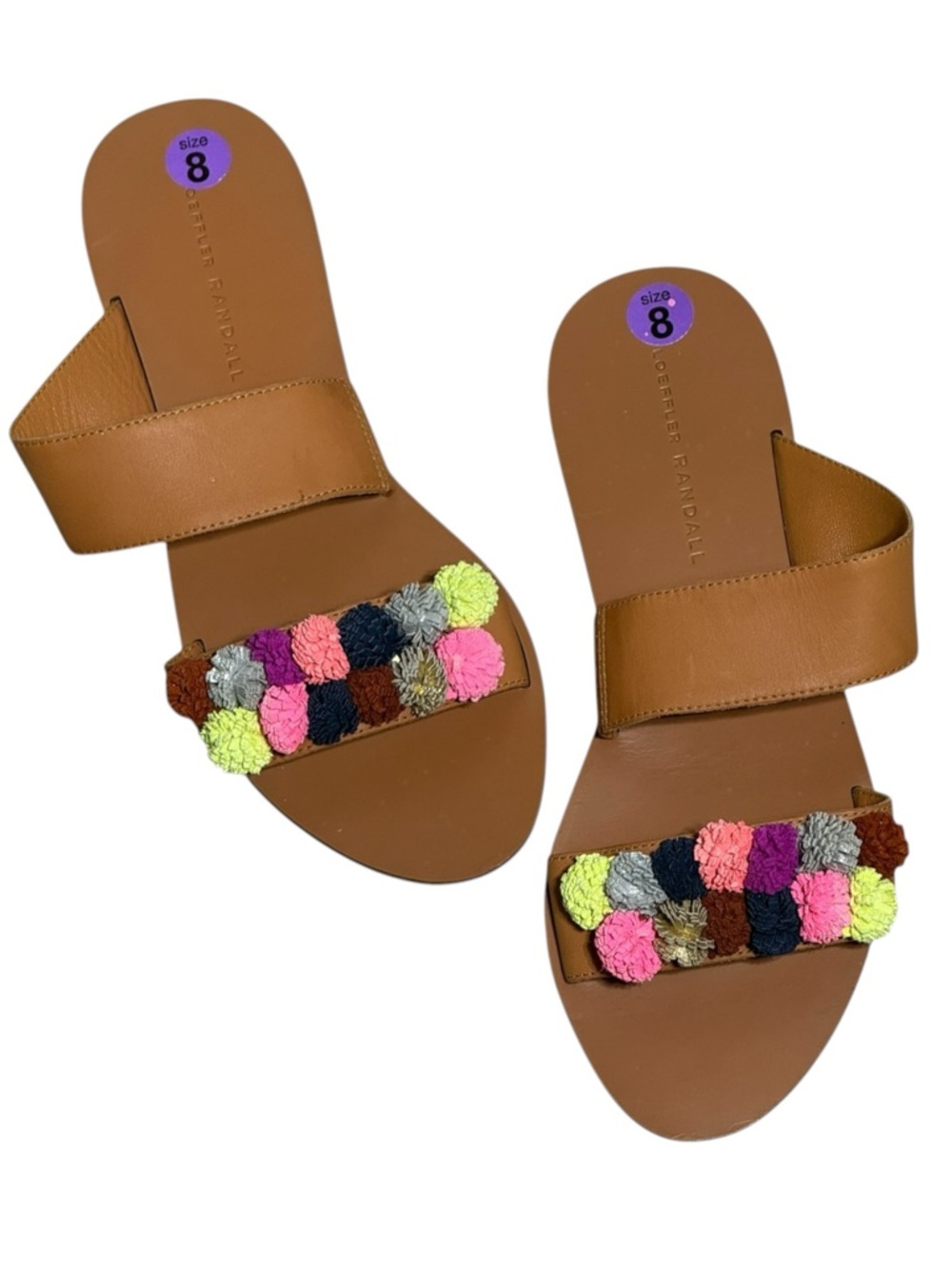Anthro Loeffler Randall Clem Tan Leather Rainbow Pom-Pom Slide Sandals Women’s 8